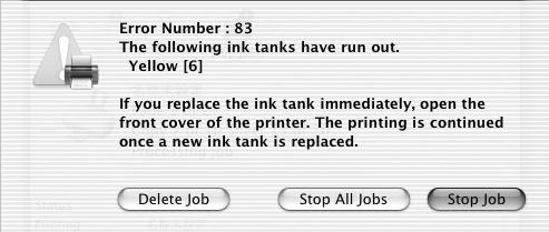 Printing Maintenance The following message is displayed when an ink tank is empty. Printing will resume as soon as the ink tank is replaced and the front cover is closed.