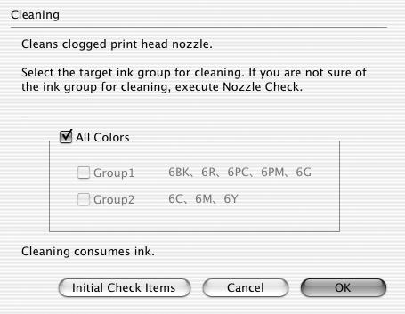 Printing Maintenance (3) Select Ink Group to clean. All colors: Selecting both ink groups. Group 1: Black (BCI-6BK), Red (BCI-6R), Green (BCI-6G), Photo Cyan (BCI-6PC), and Photo Magenta (BCI-6PM).