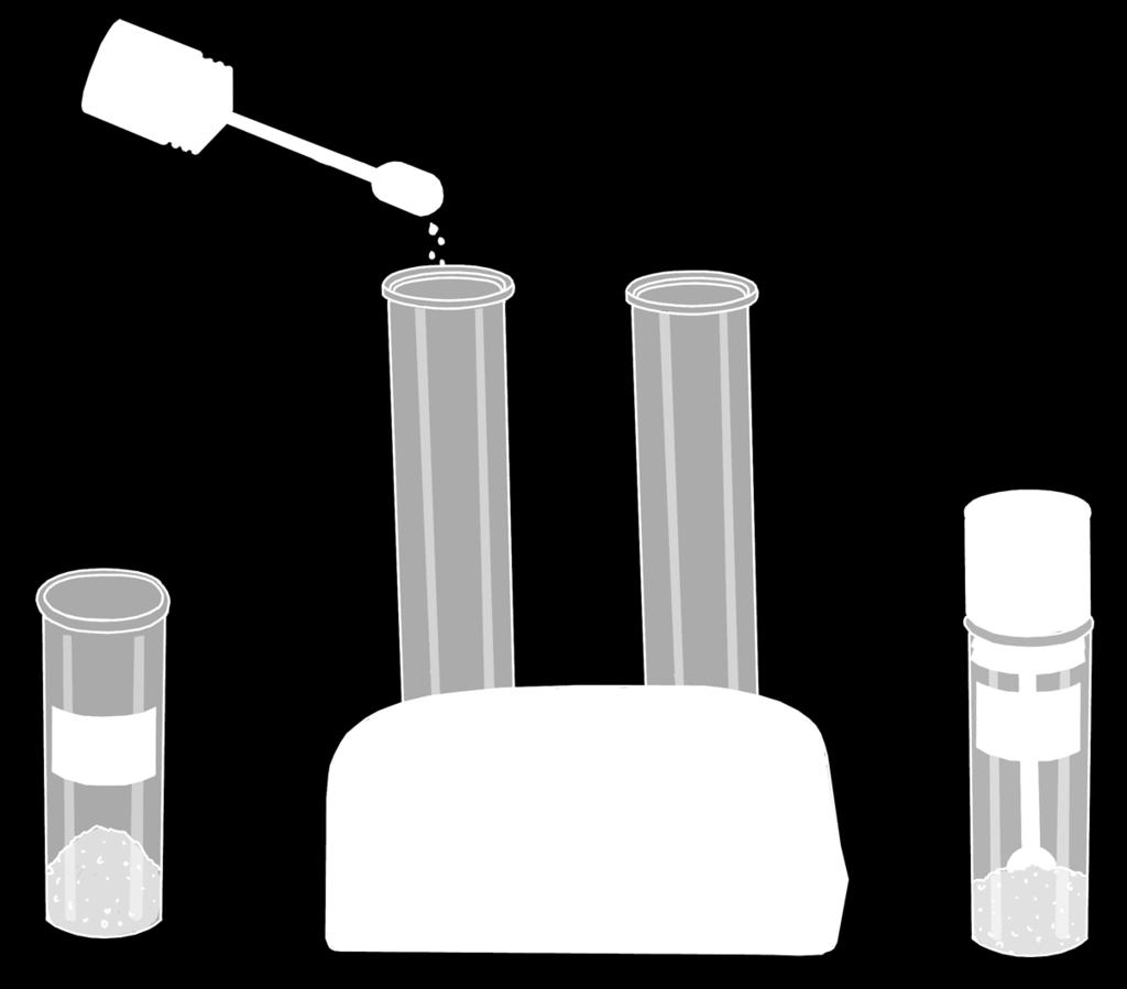 YOU WILL NEED Test tube stand Test tubes with the red cabbage juice from Experiment 1 Vials with built-in spoons Self-adhesive labels Powdered sugar and baking soda (sodium bicarbonate), pen Added