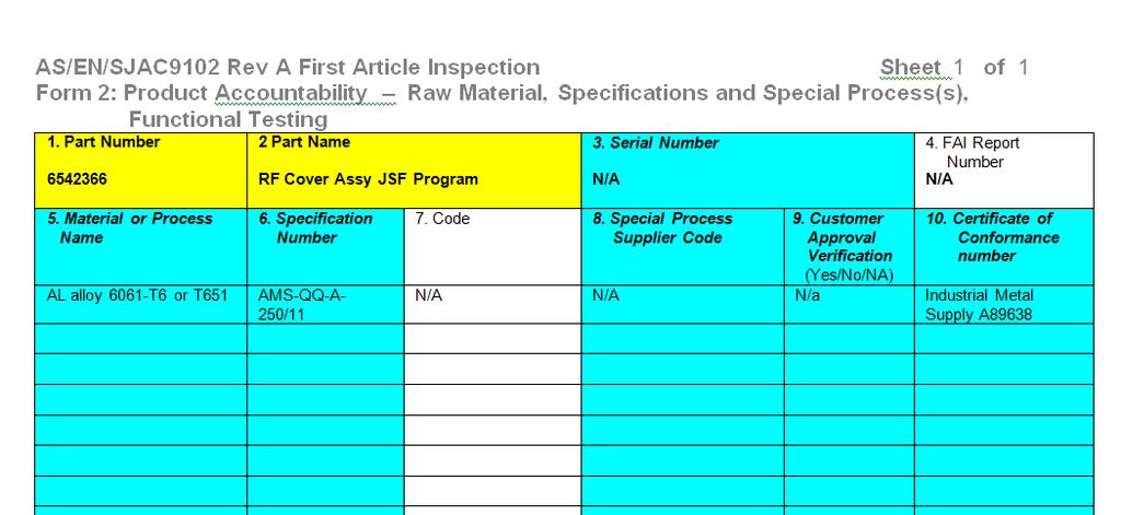 AS9102B Form 2 example Include performance specification