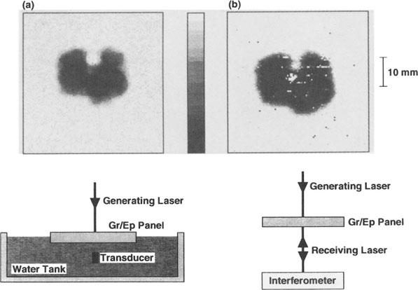The images permit a comparison between the results obtained with (a) a piezoelectric detector and (b) the laser-based ultrasound system.