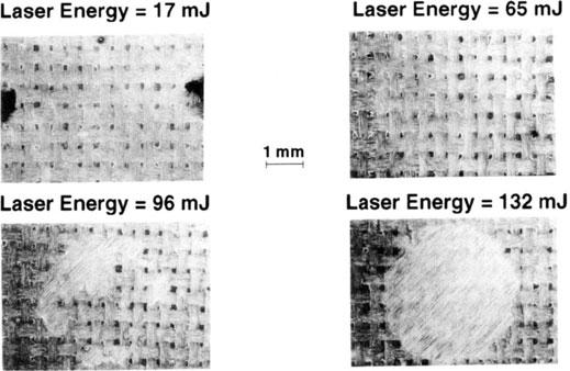 As the laser energy was increased, at - 40 mj a very faint surface discoloration of the resin appeared within the illuminated area.