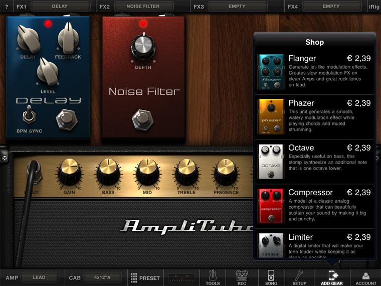 Add Gear Tapping on the ADD Gear button takes you to the AmpliTube Custom Shop. Scroll through the list to read the name, description and price of the available models.