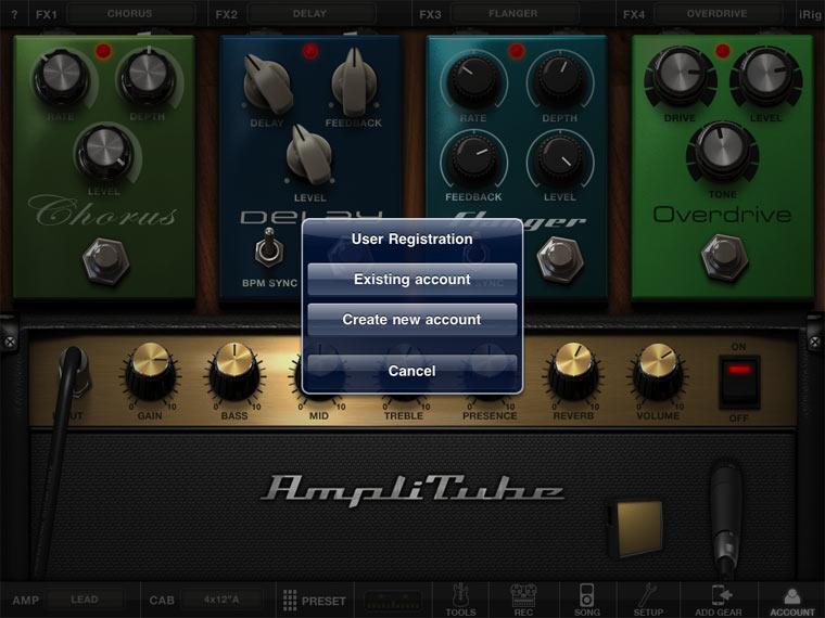 Account Tap on the ACCOUNT button to register AmpliTube and unlock the free FX. A User Registration pop-up message will appear.