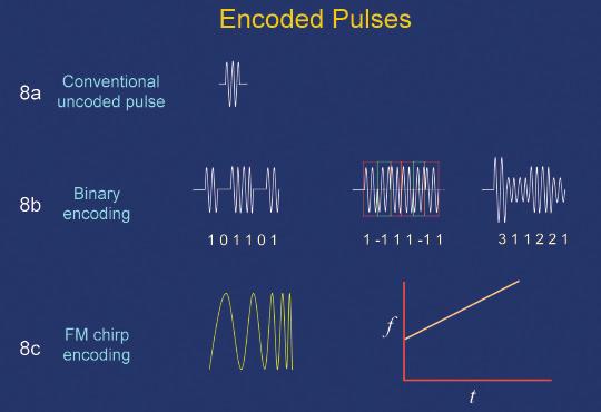 Ultrasound physical principles in today s technology H Figure 8: An uncoded pulse (8a). Examples of three different methods of applying a binary code to a pulse (8b).