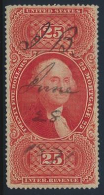 966 8 #R100c 1863 $25 red Mortgage Revenue, Perforated 12, used with 1871 manuscript cancel, very fine.
