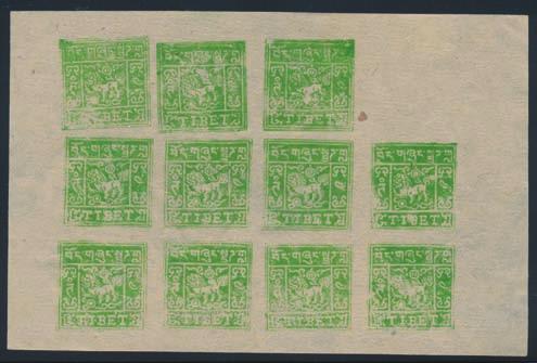 Tibet continued x943 943 (*) #18 Group of Six Unused 4tr Lion Full Sheets, with a grey-green sheet (setting II, with bottom right stamp larger Scott #18 and 18a), a yellow-green sheet (setting II,
