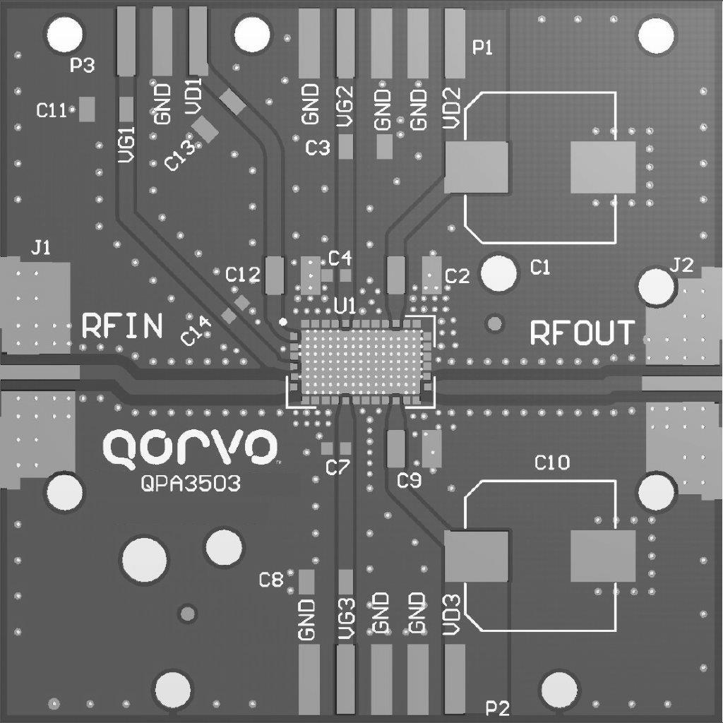 3.4 3.6 GHz Reference Design QPA3503 EVB Layout EVB Schematic PCB Stackup and Material Notes: 1. All dimensions are in inches. 2. PCB is soldered on a 2 inch by 2 inch copper base plate with 0.