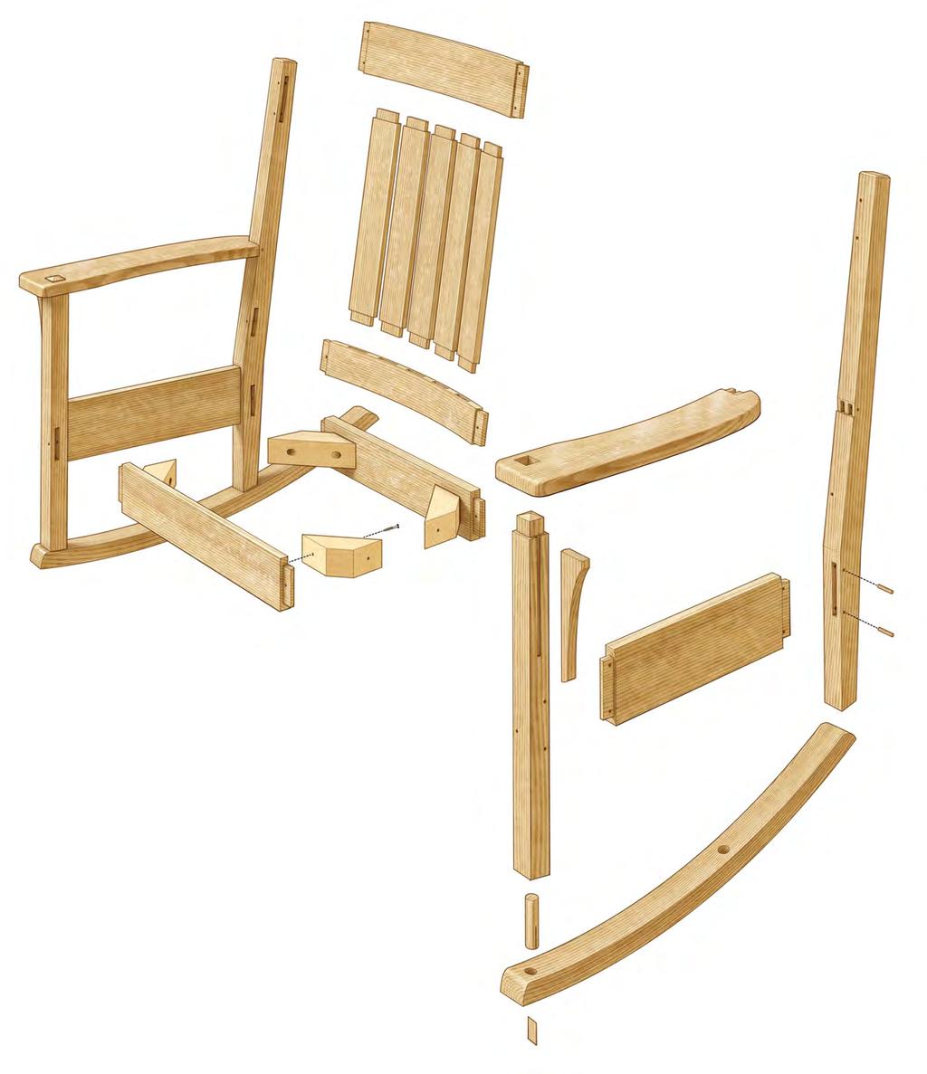 A classic rocker Comfortable, sturdy rocker combines stout joinery and a timeless design. Upper back rail, 5 8 in. thick by 4 in. wide by 19 3 4 in. long Tenon, 3 8 in. thick by 7 8 in.