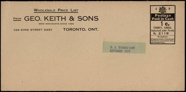 Item #43879 Postage Paid in Cash 1 permint #2119 Toronto GR to Lynden, 3 part fold out.