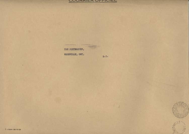 Item #43882 Canada Post envelope (image trimmed), For Official Use only Courrier Officiel (at top) to Woodville, Ont with