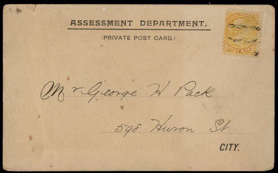 Item #43867 1 SQ precancel on private postcard(toned, file creased) to local address, postcard is election qualification notice for Jan 4 1897 elections.