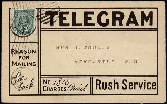 Item #43869 Faux Telegram. #89 1 Edward tied by Toronto machine cancel (May 6 11) to Newcastle, NB in the form of a telegram which is really printed matter.