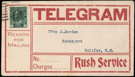 Deceptive but legal. $75 Item #43870 Montreal 9 roller cancel ties 1 Admiral on faux telegram to Hantsport, Halifax, NS, unsealed envelope.