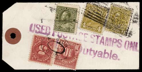 Item #43871 4, 20 Admira and 4 Scroll tied by Toronto roller on mailing tag from Marks Stamp Co to Marion OH, purple 4 line hs Duty Free US Customs, and then Parcel Post Collect 15 hs, US 10,