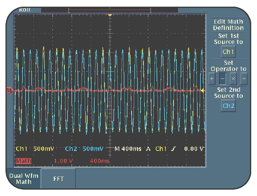 2 Using VERTICAL Controls You will see a waveform similar to that shown in Figure 2.8. Figure 2.8: CH1-CH2 As you can see in Figure 2.