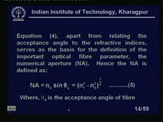 (Refer Slide Time: 14:43) Equation 4 apart from relating the acceptance angle, you see this is actually, this n a theta a we got a calling the acceptance angle right.