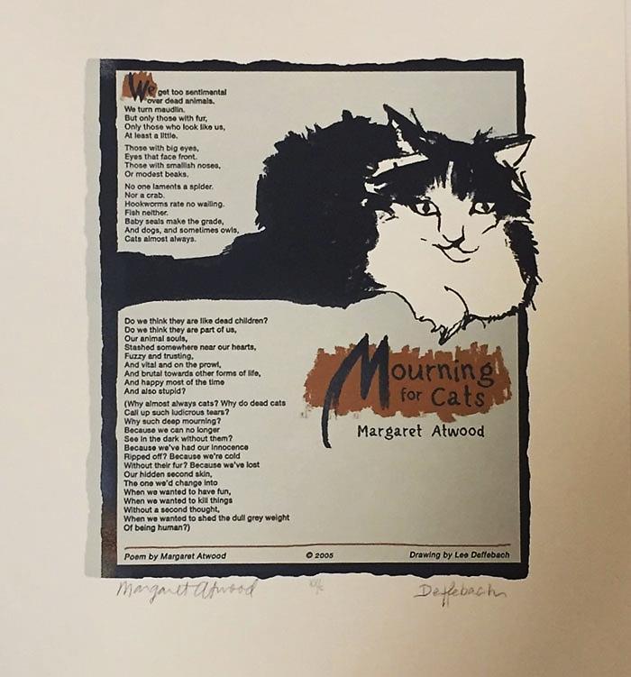11. Gary Stein. Cautious Around Cats. Salt Lake City: Green Cat Press, 2005. 16/34. 41 cm by 28 cm. Broadside of an original poem. Fine. Signed by the author and artist.