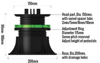 ADJUSTABLE PAVER PEDESTAL Adjustable Heigth Adjustable Height from 90mm to 180mm uninterruptes.