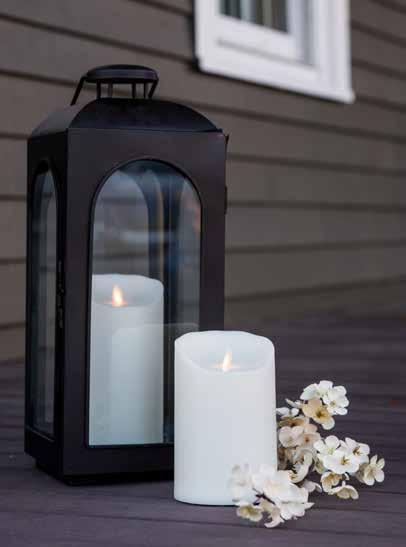 Requiring only two D batteries, not included, they glow for 720 hours of usable light. 16 5 Outdoor Candle 3½ W.x5 H. 0 26602 35217 0 / MOQ: 2 / 35217 7 Outdoor Candle 3½ W.x7 H.