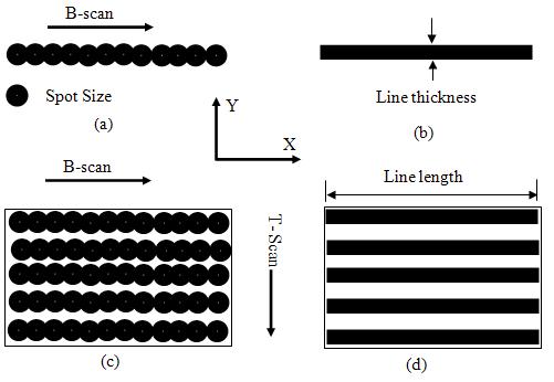 Figure 1.14: (a) 1D scan with flying spot, (b) 1D scan with line-scan, (c) D scan with flying spot, and (d) D scan with line scan.