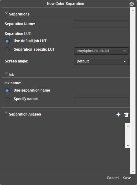5. On the Separations table, click New to add a new color separation. The New Color Separation dialog box opens. Figure 2-3 New Color Separation dialog 6.