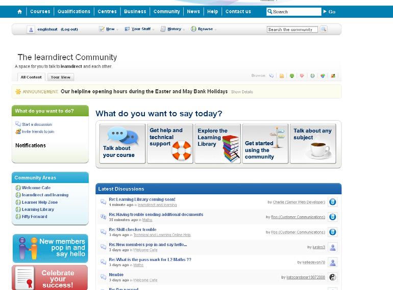My learning The learndirect community As a learndirect learner you can get in touch with lots of other people who are doing the same thing as you.