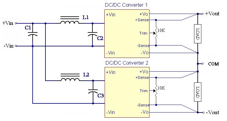 Suggest use an external potentiometer to adjust output voltage from each power supply. Simple Series Operation Connect Circuit L1, L2: 1.0uH C1, C2, C3: 220uF/200V ESR<0.07Ω Note: 1.