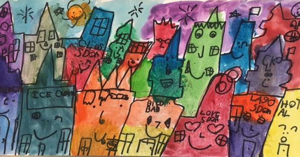First Grade T heir colorful and imaginative cities show a sense of space through foreground, middle ground, and background.