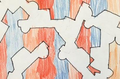 Students traced their template multiple times, using overlapping and combining the shapes. Then they had to fill in the negative space using pattern.