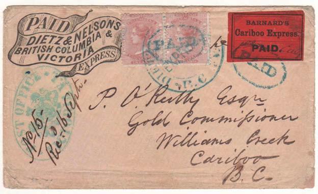 The extensive operations of express companies such as Wells Fargo, Bernard s, Dietz & Nelson, etc. produced cancels for these companies that occur on the stamps.
