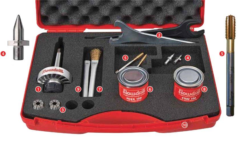n Metal & Glass Railing Accessories ACCESSORIES TOOLS Flowdrill Starter Set w Set includes everything you need to work with stainless steel railing systems: ➊ Special tool holder with cooler disc ➋