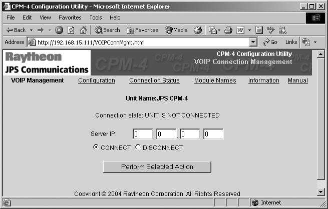 2.15.1.3 VoIP Connection Management: Client VOIP sessions may be managed by browsing to the VoIP Connection Management link at the top of any of the CPM-4 s web pages.