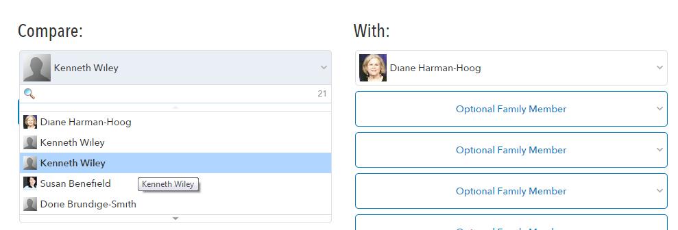 A drop-down menu shows the people Diane has shared genome information with. In this example, she picked her full brother, Kenneth Wiley, by clicking Compare.