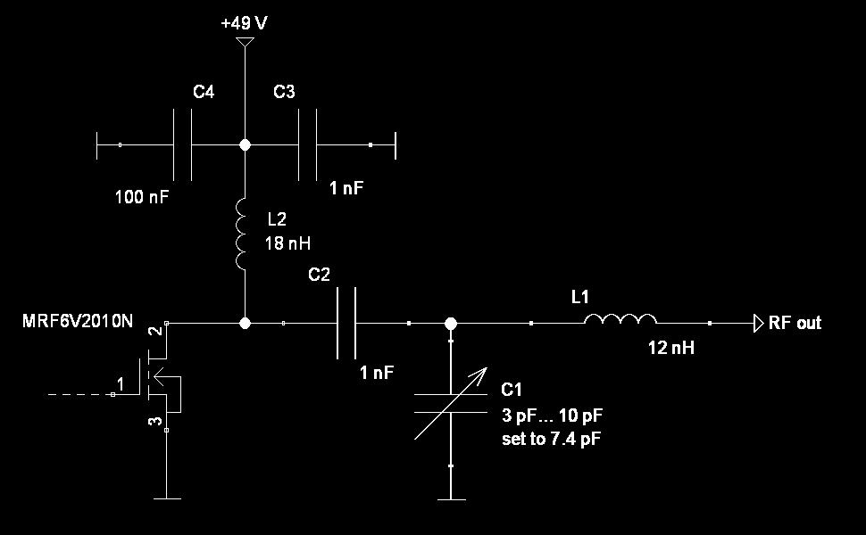 Power Amplifier Output Circuit Output circuit provides d.c. feed and matching of the output of the MOSFET to the 50 Ω load d.c. feed and first stage of matching second stage of matching d.