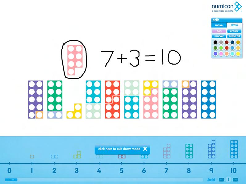 Tap a Numicon Shape to add it to the work area. Use the scroll bar along the bottom of the screen to reveal the higher numbers.