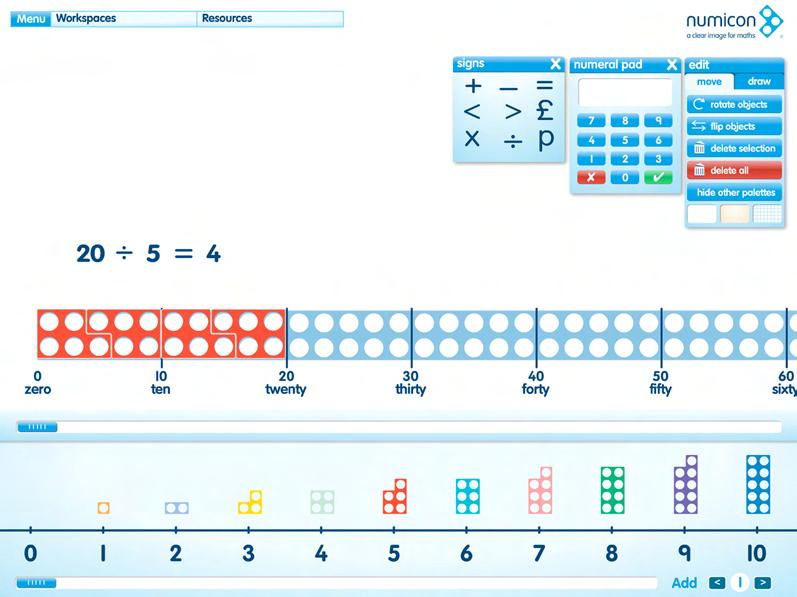 The number pad, symbols and words palettes can be used to create number sentences that describe what is happening in the balance.