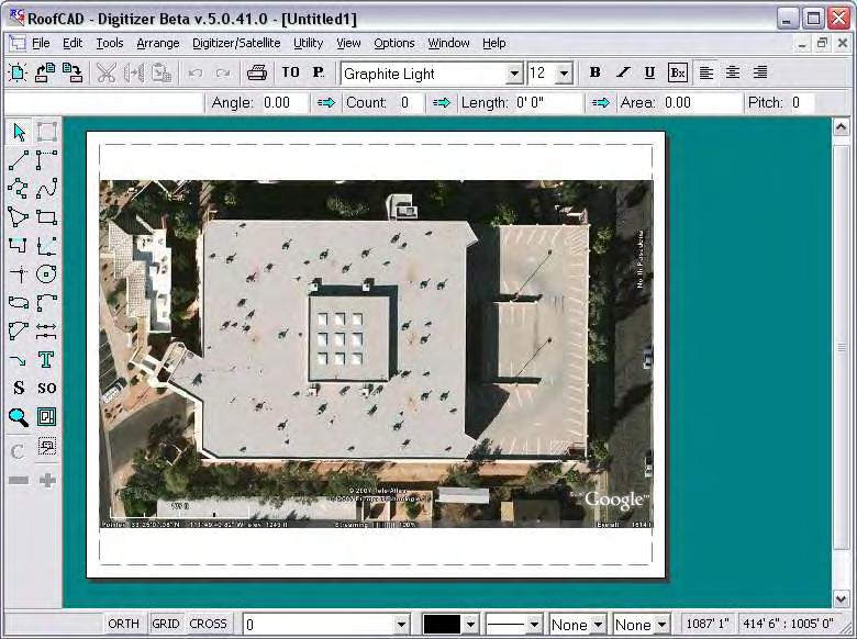 Satellite Takeoff Tutorial--Flat Roof 33-3 Load the Satellite Image Trial Version Restriction: You can only load the sample satellite images that came with RoofCAD. 1.