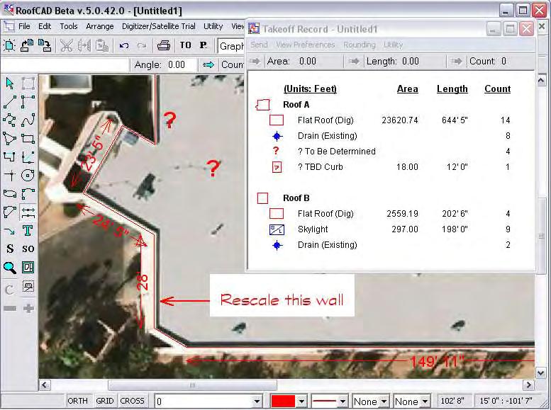33-22 Satellite Takeoff Tutorial--Flat Roof Click the pointer tool. The Pointer tool. 1. Now click the tip of the pointer tool right on the line.