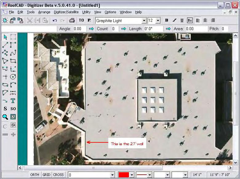 In the trial version you cannot type in the length. Now you will tell RoofCAD which wall is 28' long.