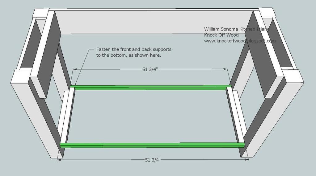 [22] Bottom Front and Back Supports, H. Fasten the bottom front and back supports to the side supports, as shown above.