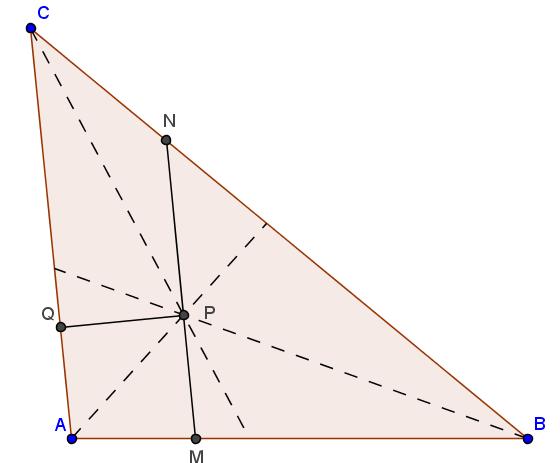 MCFAU/2015/10/3 11 This line intersects AC at a point Q. Since triangle QCP is a right triangle, P CQ = 90 CP Q. But because line CP bisects the angle at C, we see that we also have P CN = 90 CP Q.