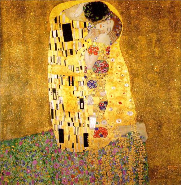 The Kiss Painted by: Gustav Klimt In: Vienna, Austria-Hungary When: 1907-8 Materials and Technique: oil and gold leaf on canvas You can see it at: The Belvedere