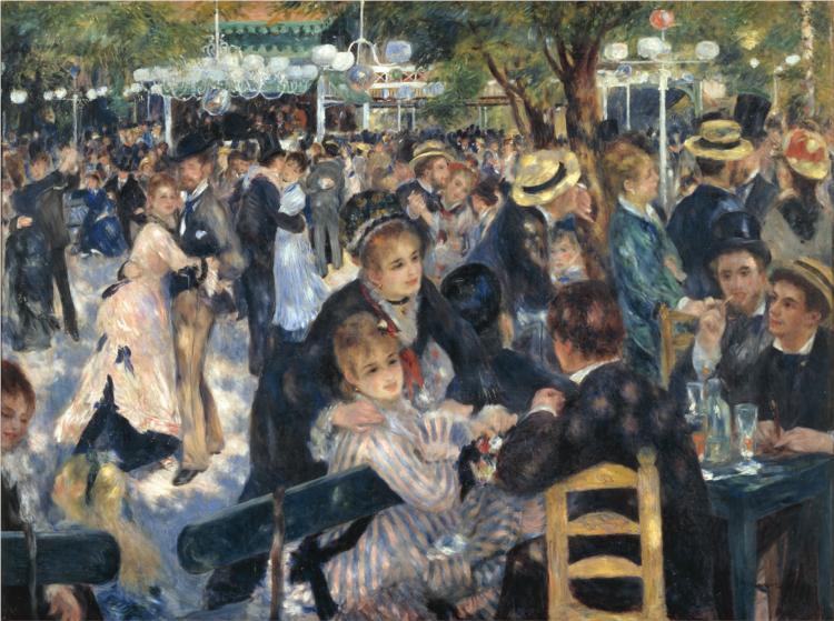 Dance at the Moulin de la Galette Painted by: Pierre-Auguste Renoir In: Paris, France When: 1876 You can see it at: Musee d Orsay, Paris, France