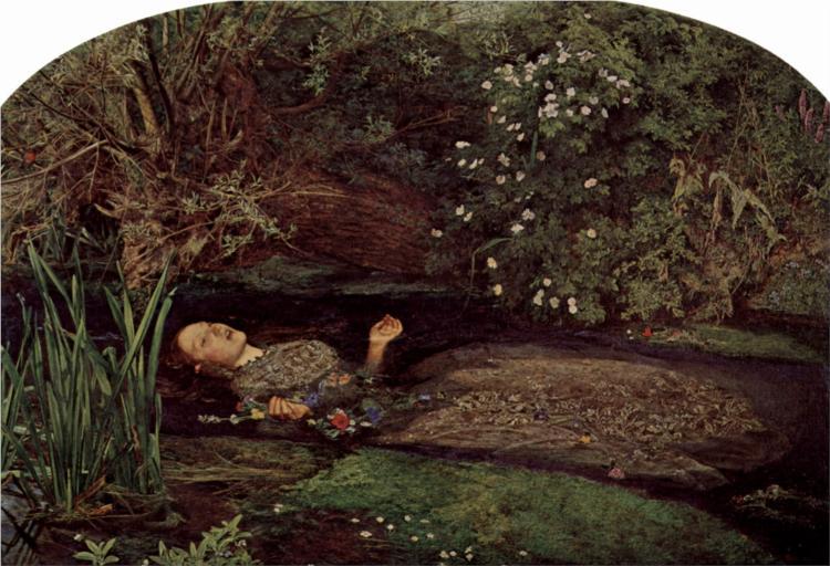 Ophelia Painted by: John Everett Millais In: The landscape was painted by the Ewell river in Surrey, and the woman was painted in his studio in London When: