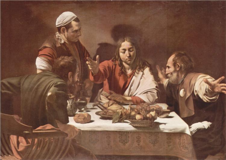 Supper at Emmaus Painted by: Michelangelo Merisi da Caravaggio (known commonly as Caravaggio) In: Rome, Italy When: 1601 Materials and Technique: oil paint and tempera