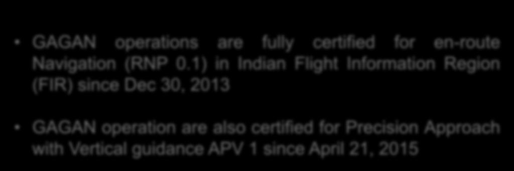 GAGAN FOR CIVIL AVIATION GAGAN operations are fully certified for