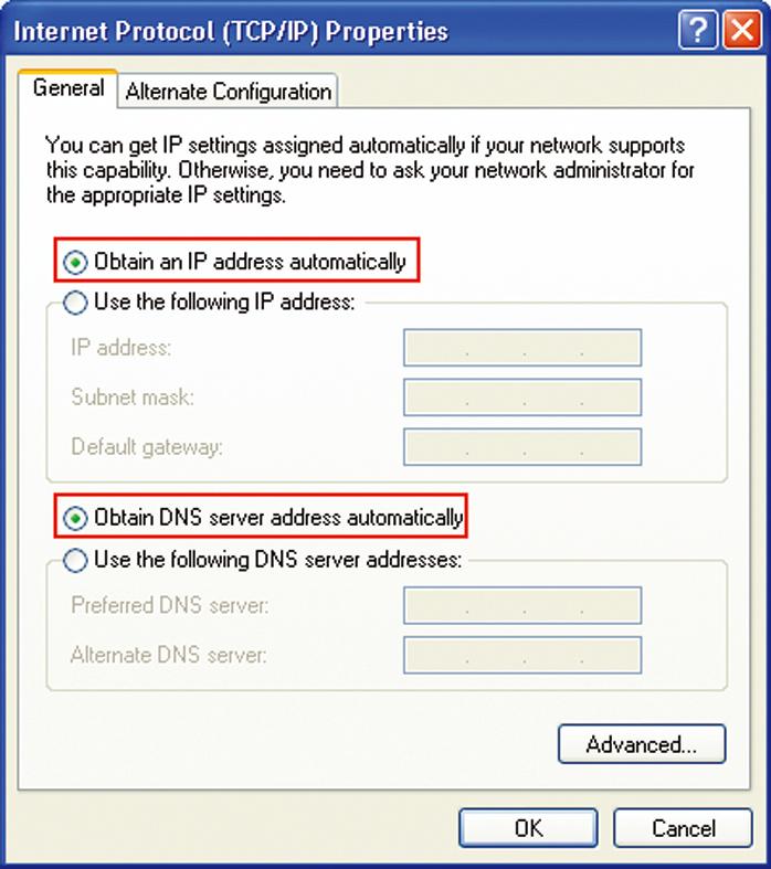 4. Alegeţi Obtain an IP address automatically (Obţinere automată a adresei IP) şi Obtain DNS server address