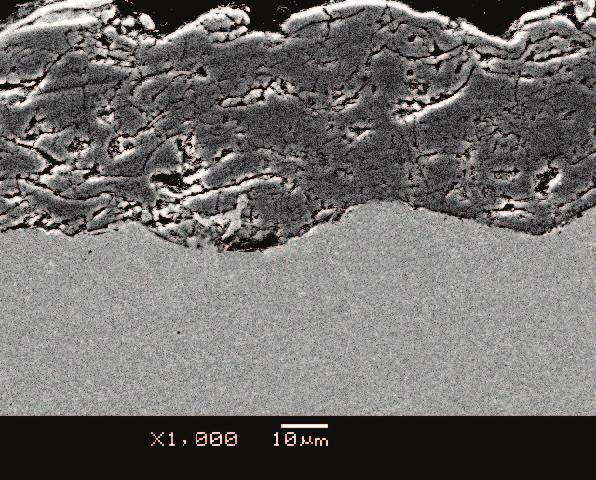 The typical morphology of as-sprayed coating reveals an obvious lamellar structure with many cavities [Fig.1(a)]. After HIPIB irradiation with, a thin discontinuous remelted layer of about 1.