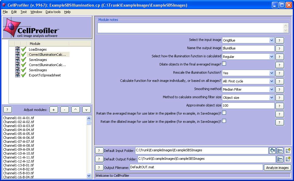 Figure 1: Screenshot of the CellProfiler interface for the Correct Illumination Calculate module.